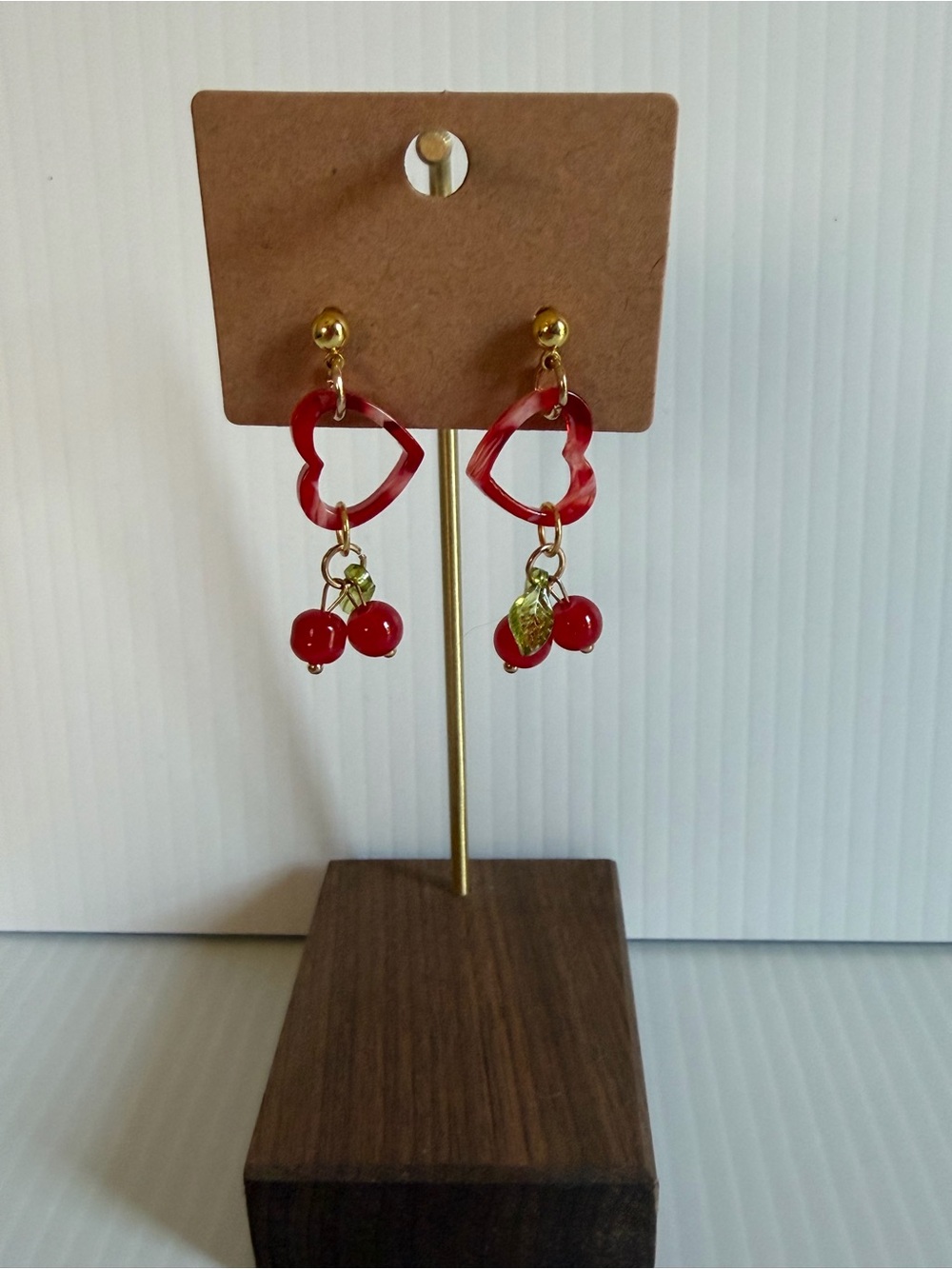 Red Marbled Heart & Cherry Drop Earrings - Gold Accents